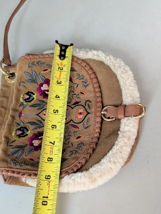 UGG Tan Suede Crossbody with Floral Embroidery Wool Trim Roomy Chic Lightweight - Picture 11 of 13
